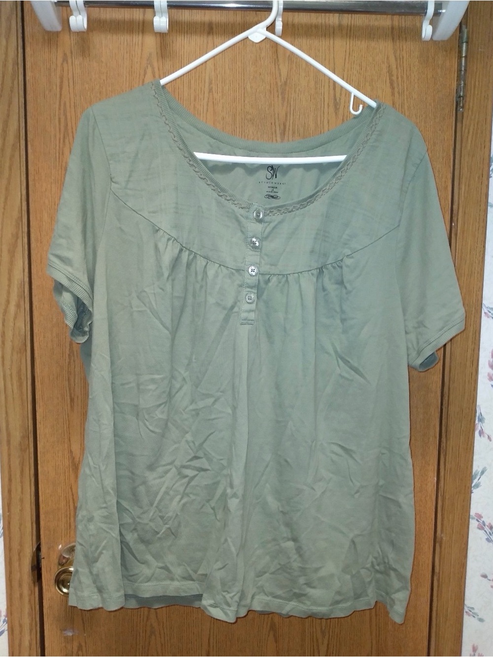 Studio Works Knit Cotton Tunic Blouse Short Sleeve Button Lace Trim Plus Size 3X
